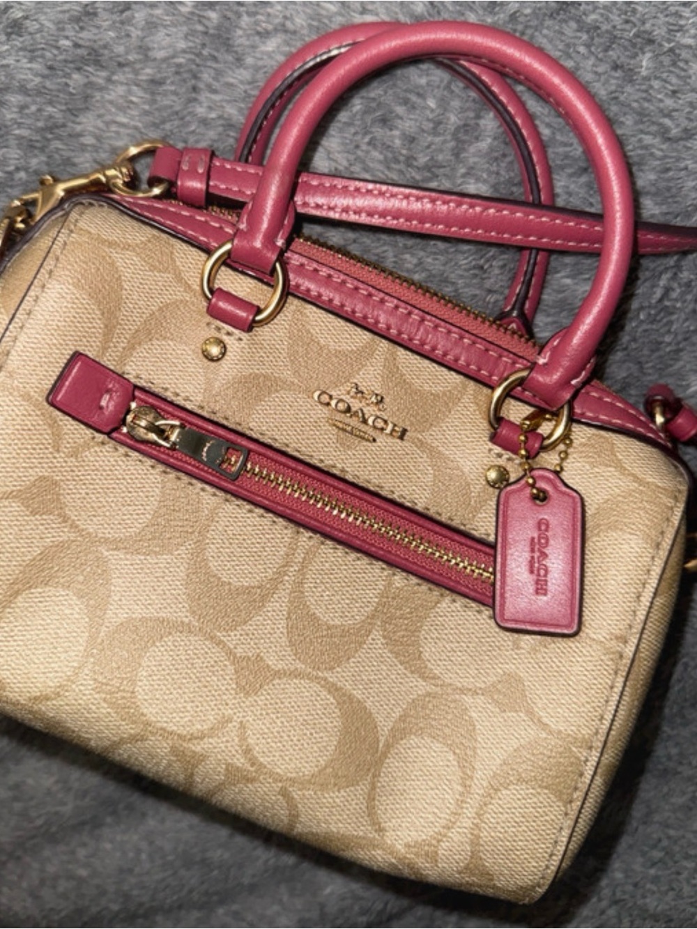 Coach Beige Signature Satchel with Pink Trim and Handles